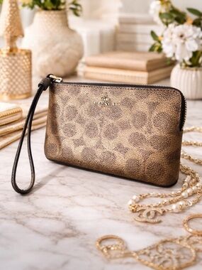 Coach Corner Zip Signature Metallic Bronze - Brown Wristlet Clutch NWT